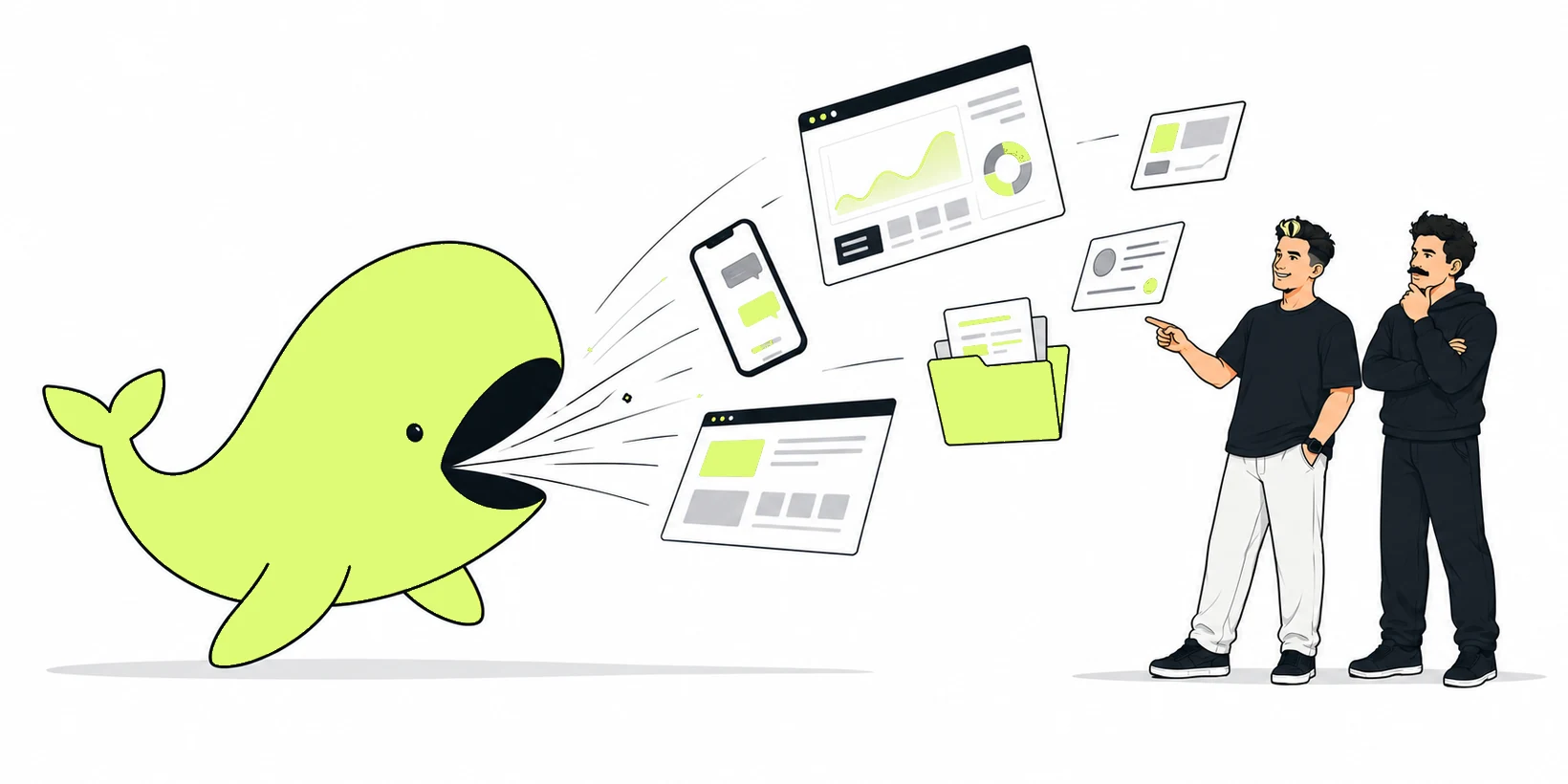 Кит выдаёт готовые вещи: дашборд, бота, страницу сайта, папку документов